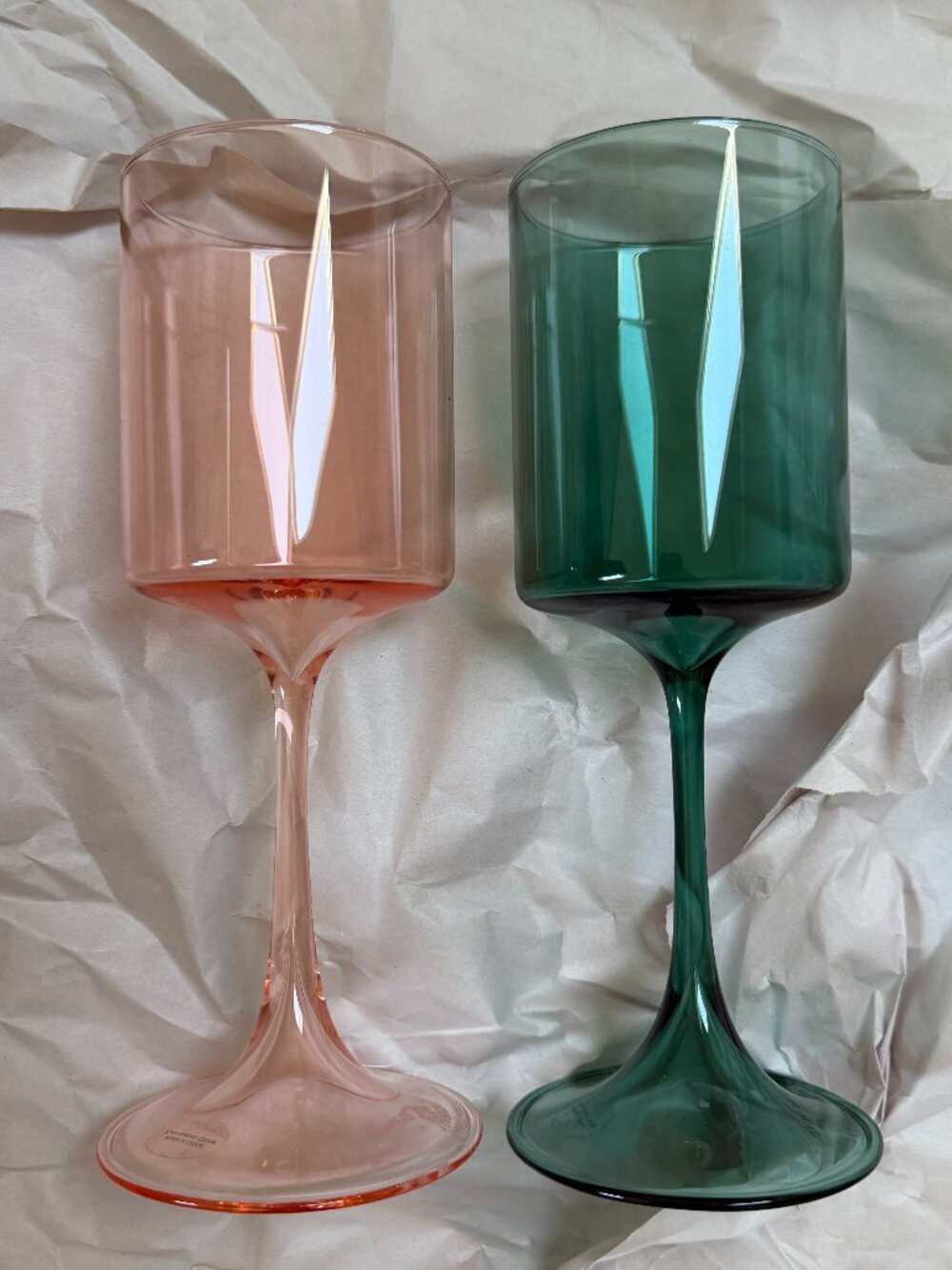 Pair (2) AnthroLiving Anthropologie Morgan Wine Glasses Green & Pink New
